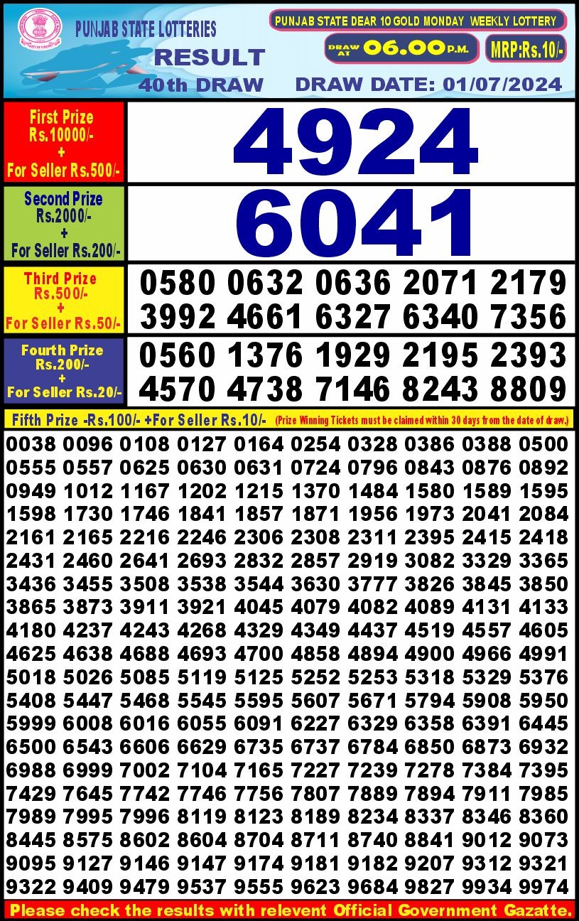 Punjab stateDear10 Lottery Result 6PM 1/07/24