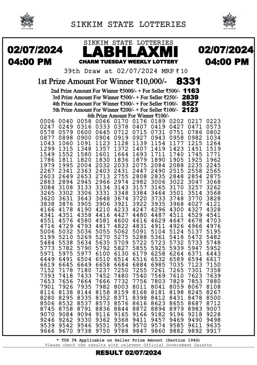 Labh laxmi 4pm lottery result 2 july 2024