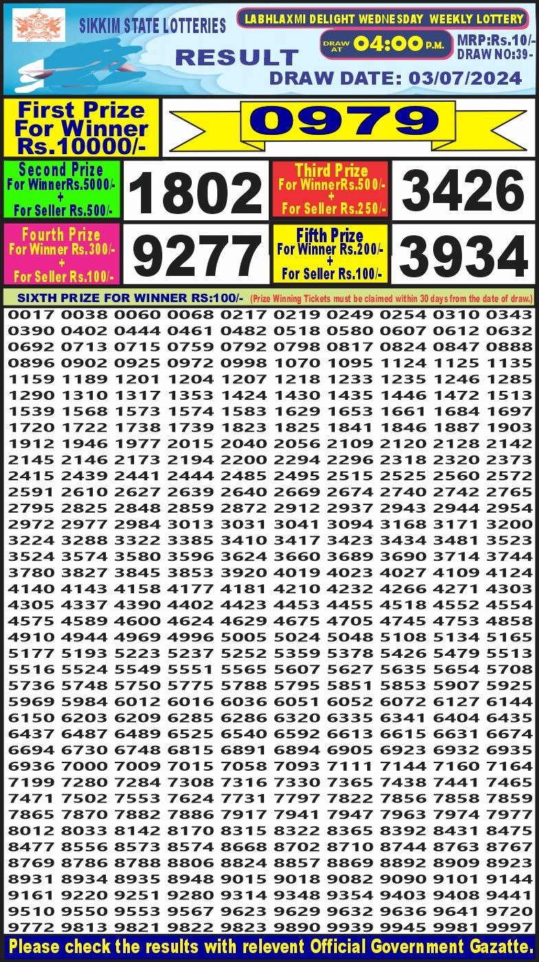 Labh laxmi 4pm lottery result 3 july 2024