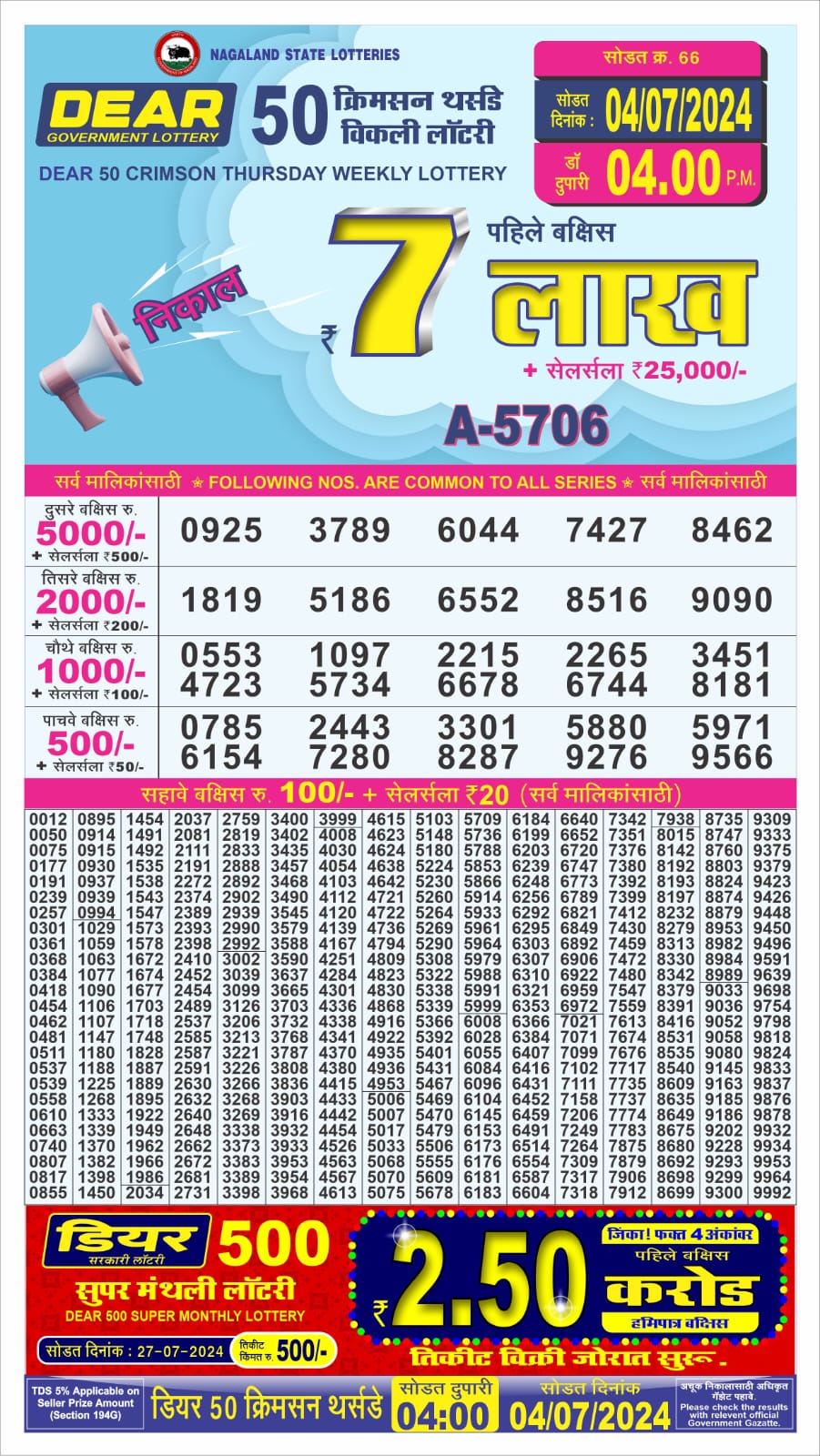 Dear 50  lottery 4pm result 4.7.24