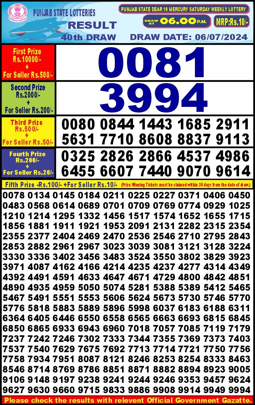 Punjab stateDear10 Lottery Result 6PM 6/07/24