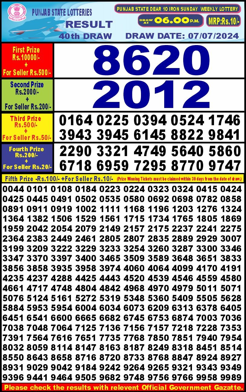 Punjab stateDear10 Lottery Result 6PM 7/07/24