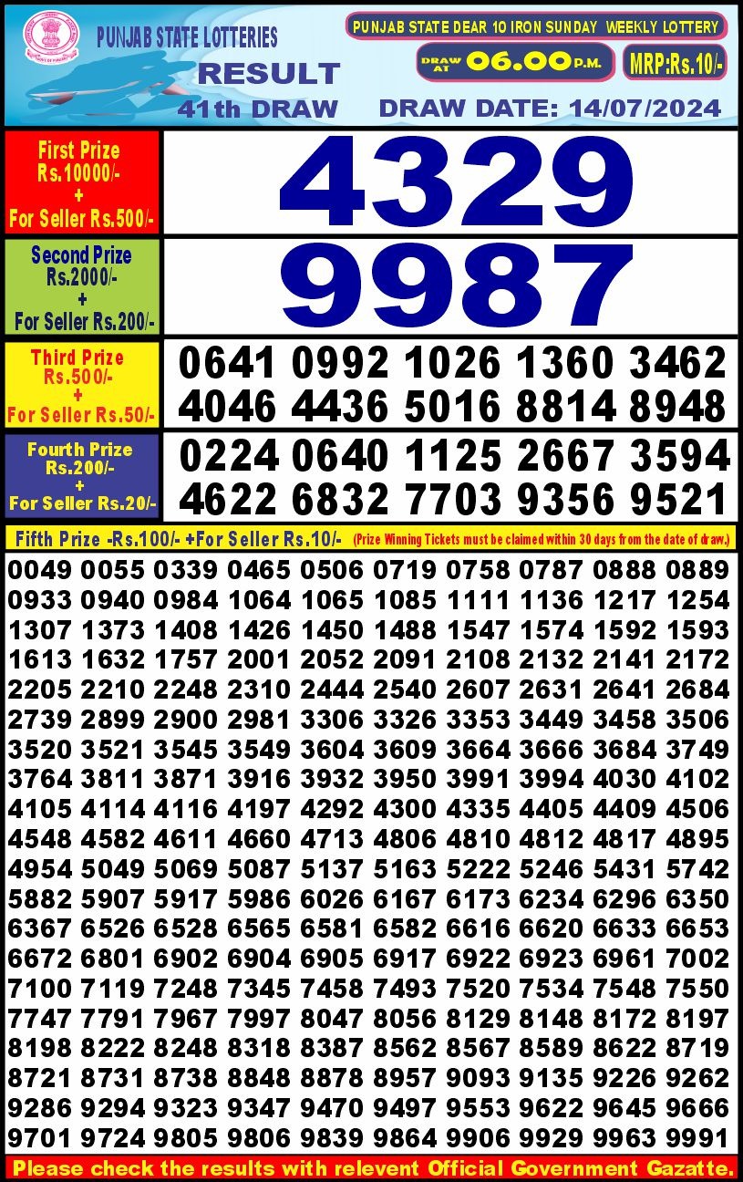 Punjab stateDear10 Lottery Result 6PM 14/07/24