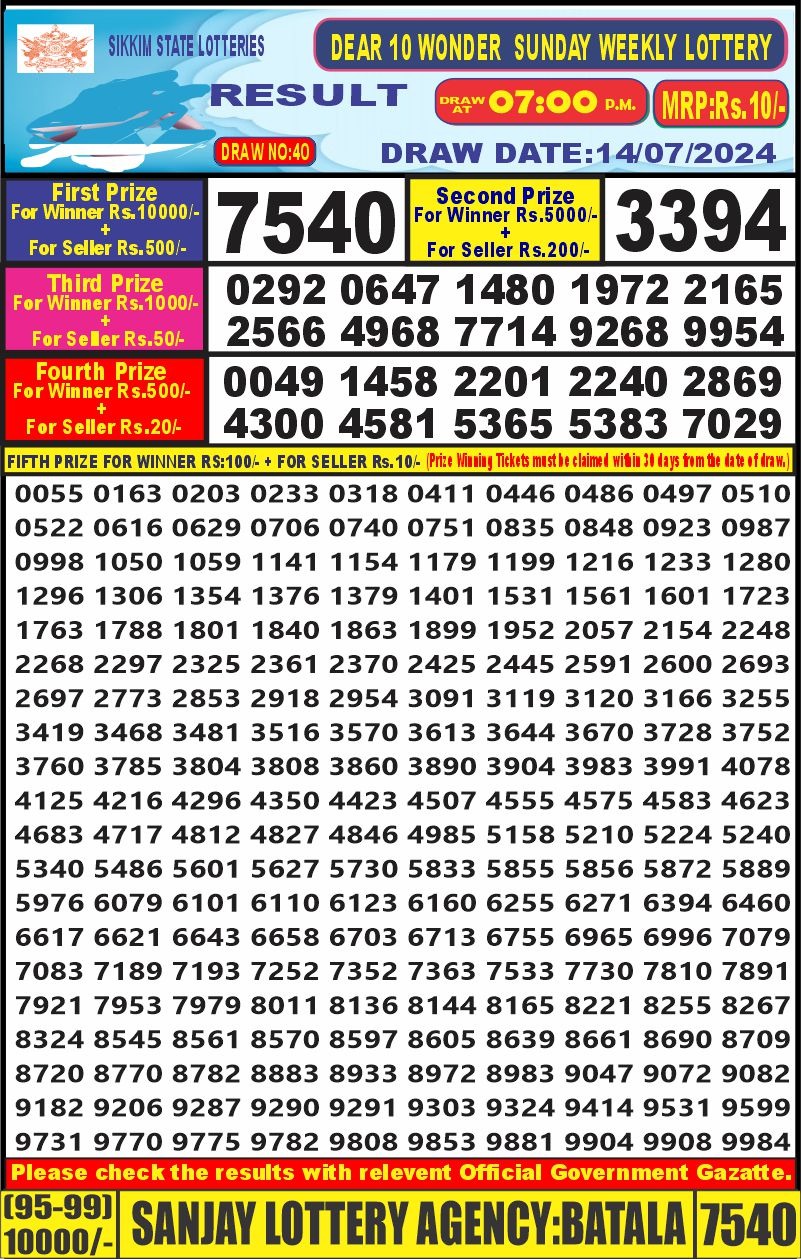 Dear10 Lottery Result 7PM 14/07/24