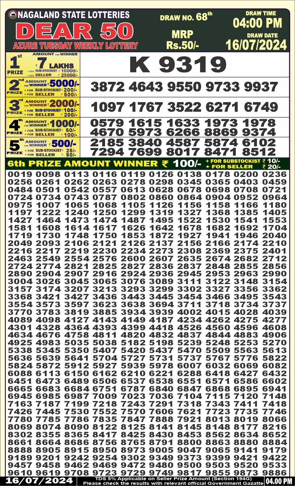 Dear 50  lottery 4pm result 16.7.24