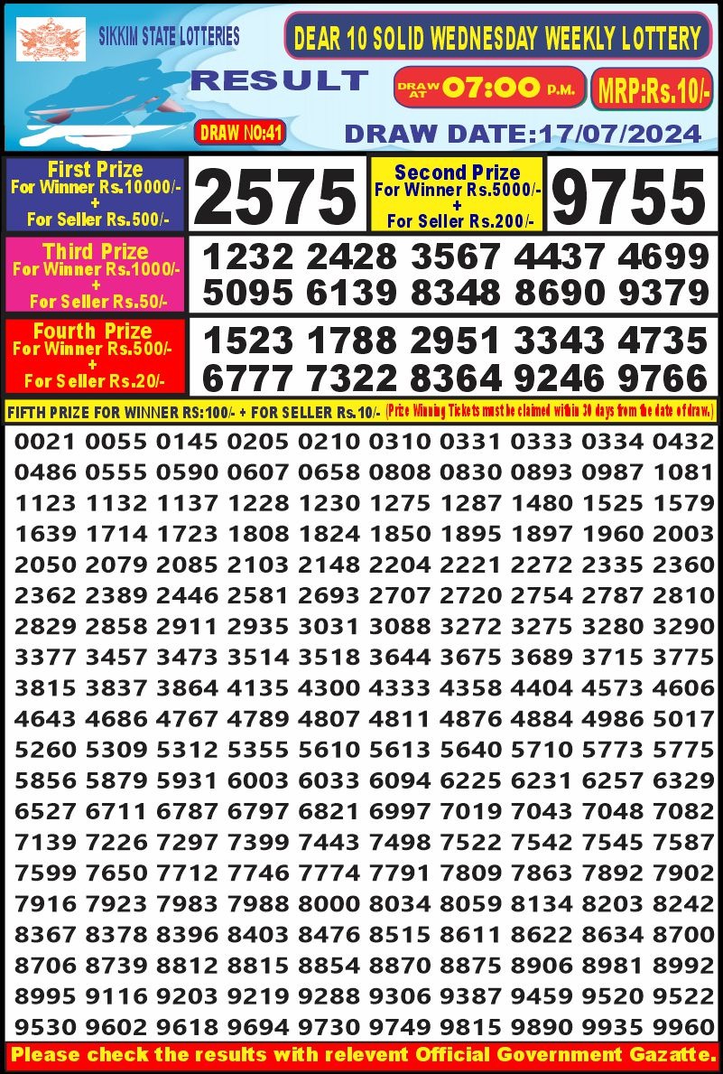 Dear10 Lottery Result 7PM 17/07/24