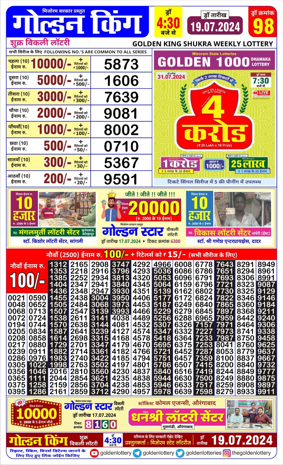 Golden king lottery 4.30pm 19-7-24