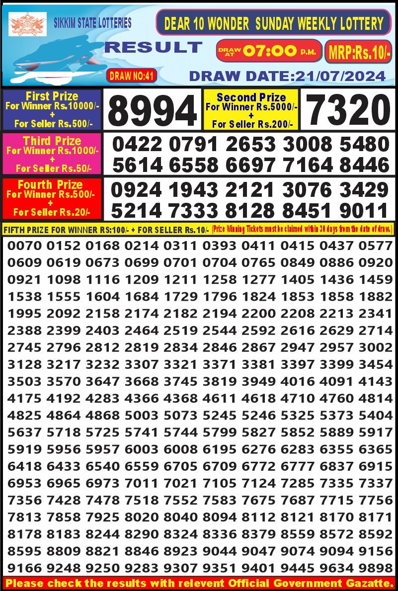 Dear10 Lottery Result 7PM 21.07.24