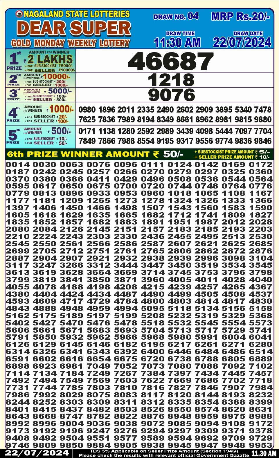 Dear super lottery result 22 july24