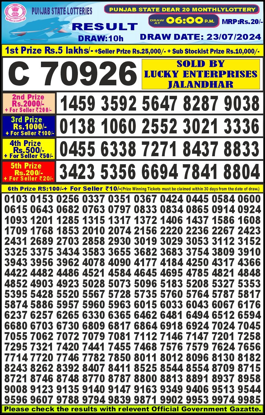 Punjab state  dear 20  tuesday lottery result 23.7.2024