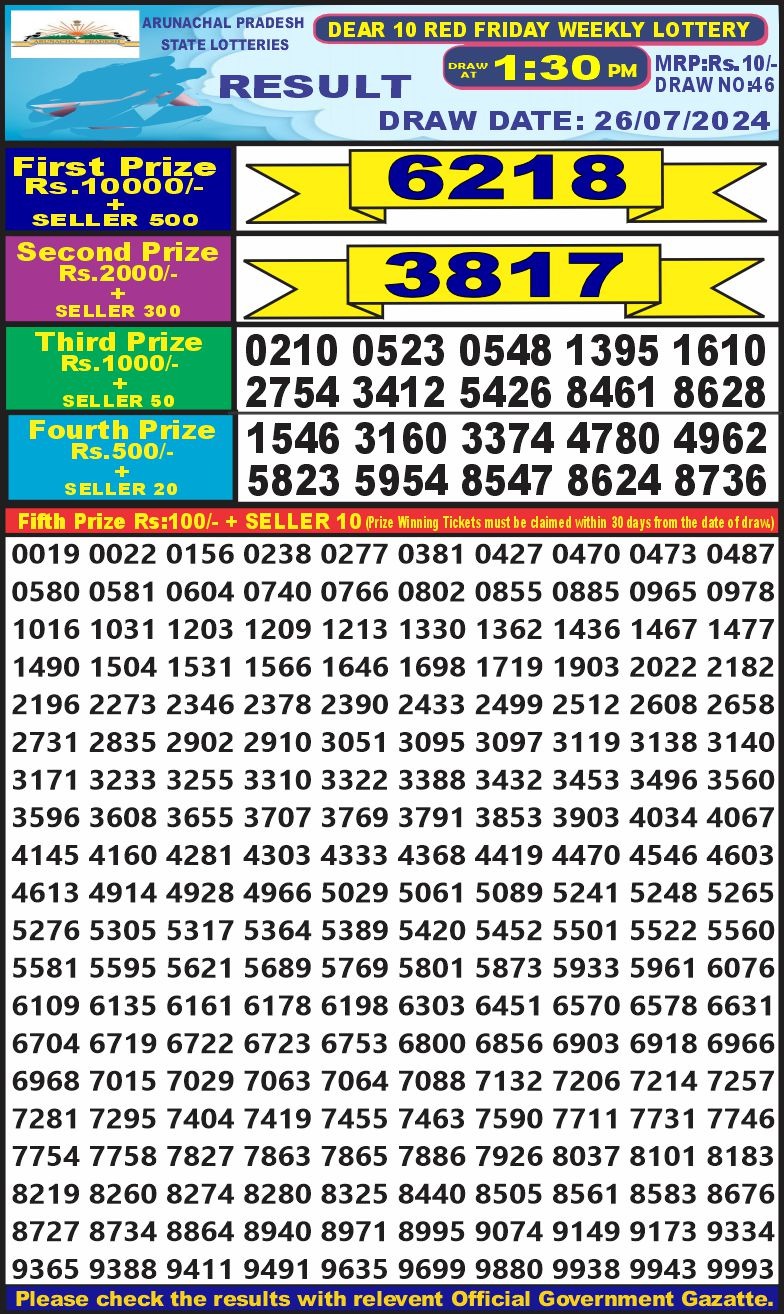 Dear 10  lottery 1:30pm result 26.7.24