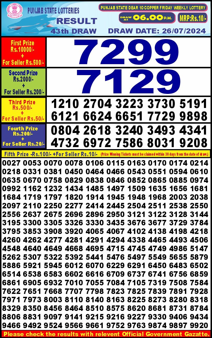 Punjab stateDear10 Lottery Result 6PM 26.07.24