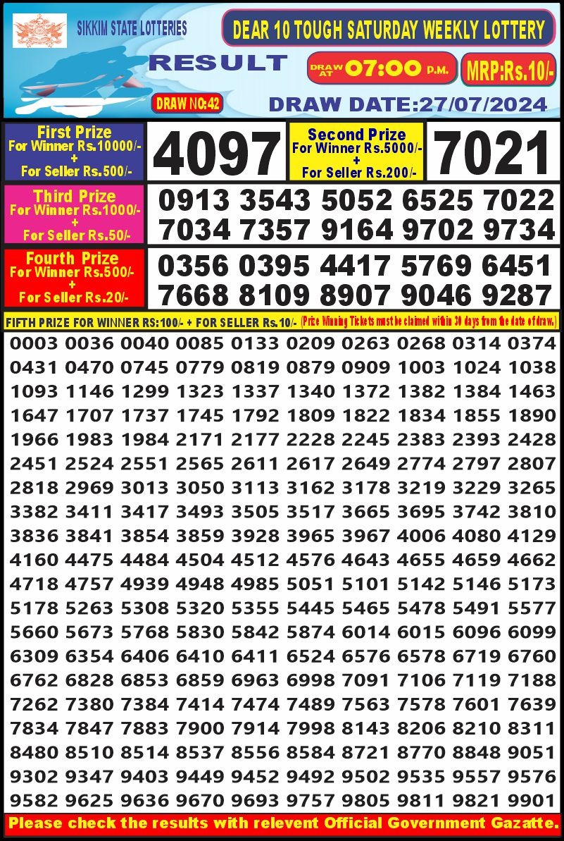 Dear10 Lottery Result 7PM 27.07.24