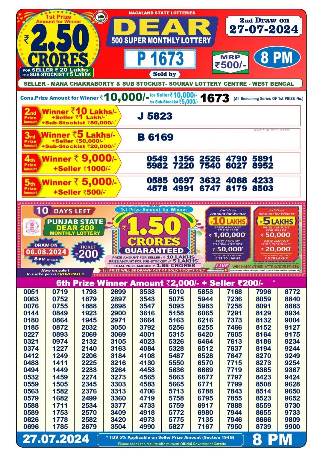 Dear 500 lottery result 27-07-24