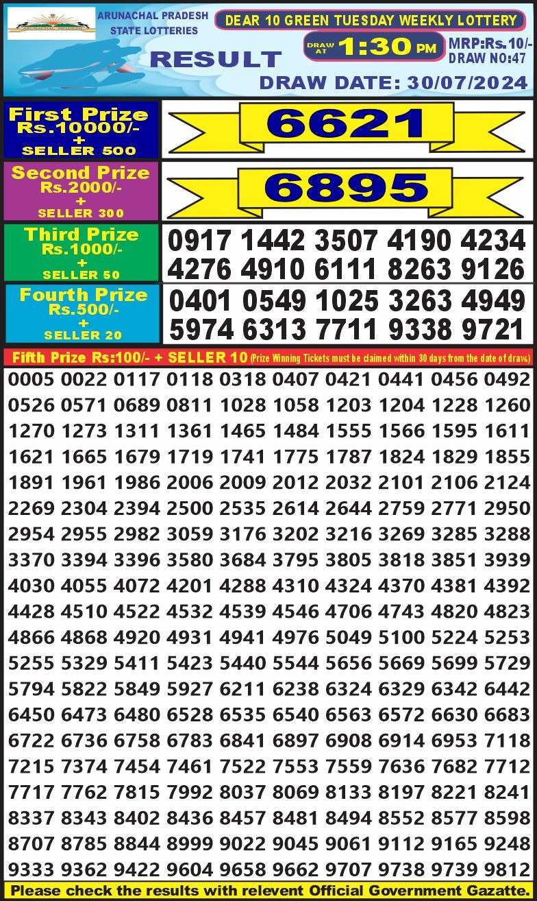 Dear 10  lottery 1:30pm result 30.7.24