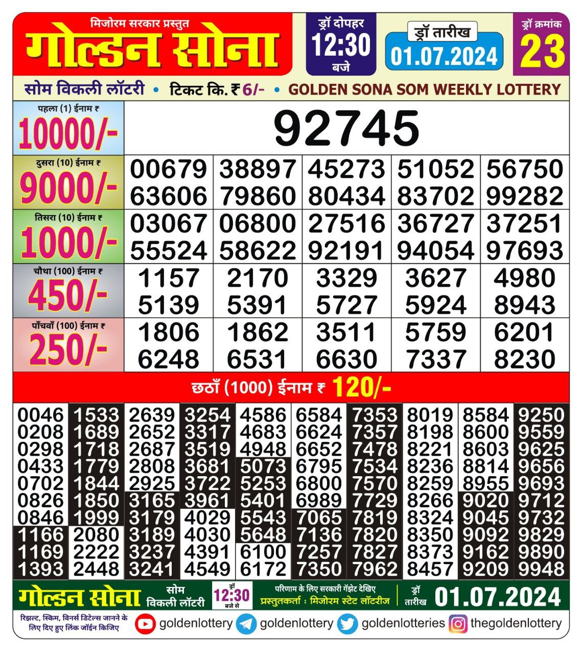 Golden sona 12:30pm lottery result 1/07/24