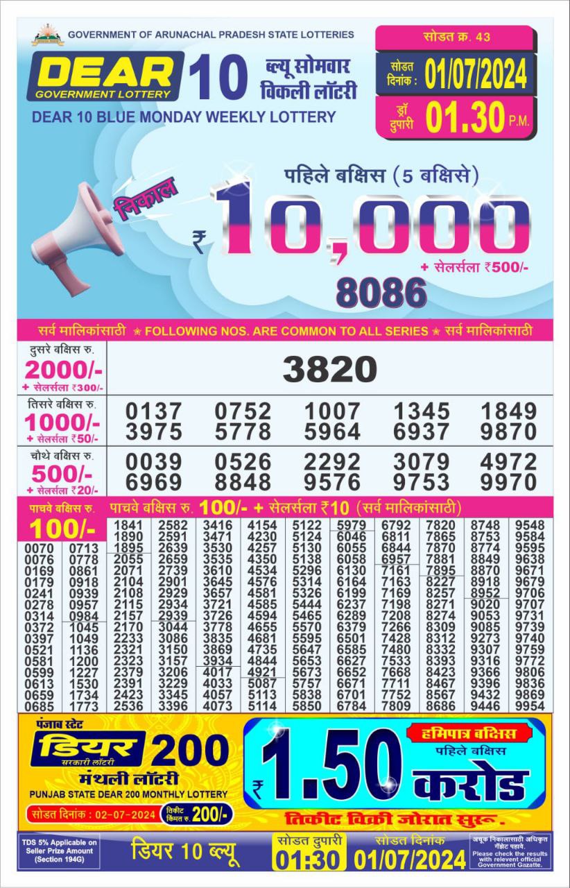 Dear 10  lottery 1:30pm result 1/7/24