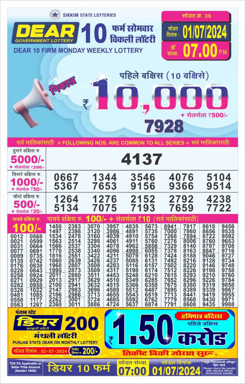 Dear10 Lottery Result 7PM 1/07/24