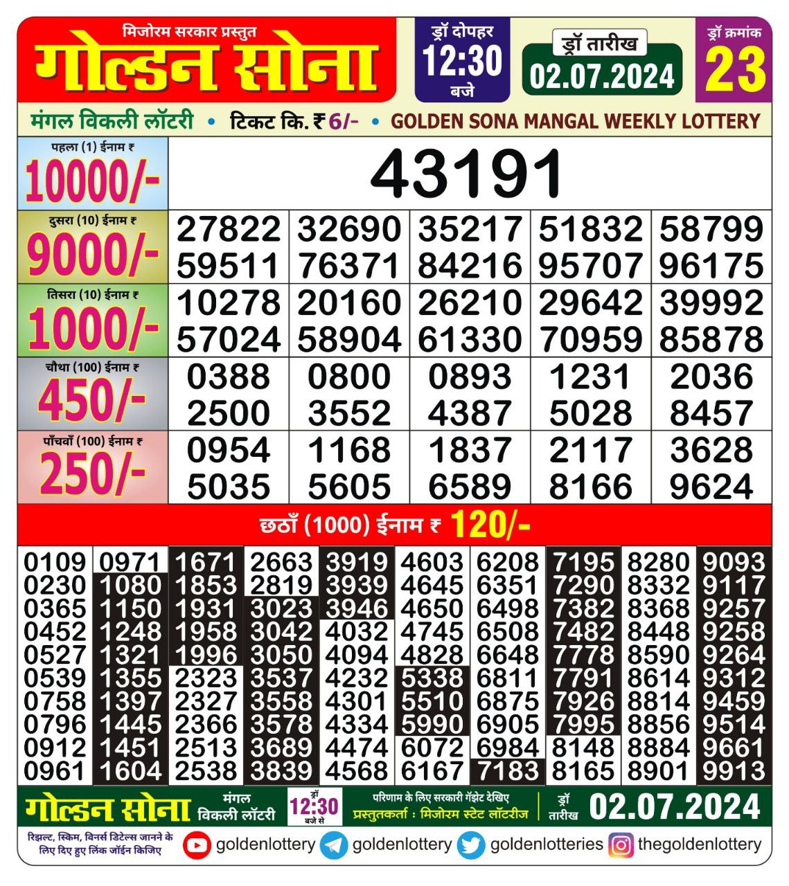 Golden sona 12:30pm lottery result 2/07/24