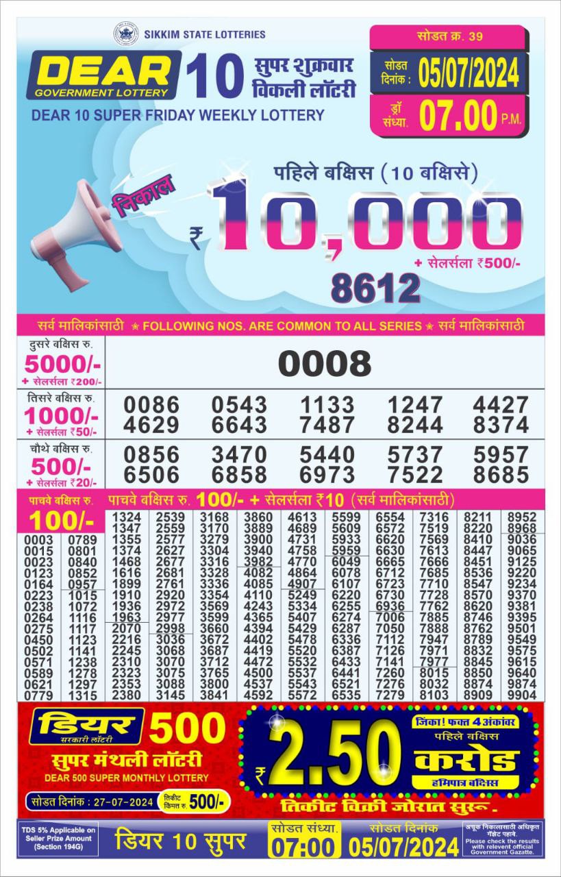 Dear10 Lottery Result 7PM 5/07/24