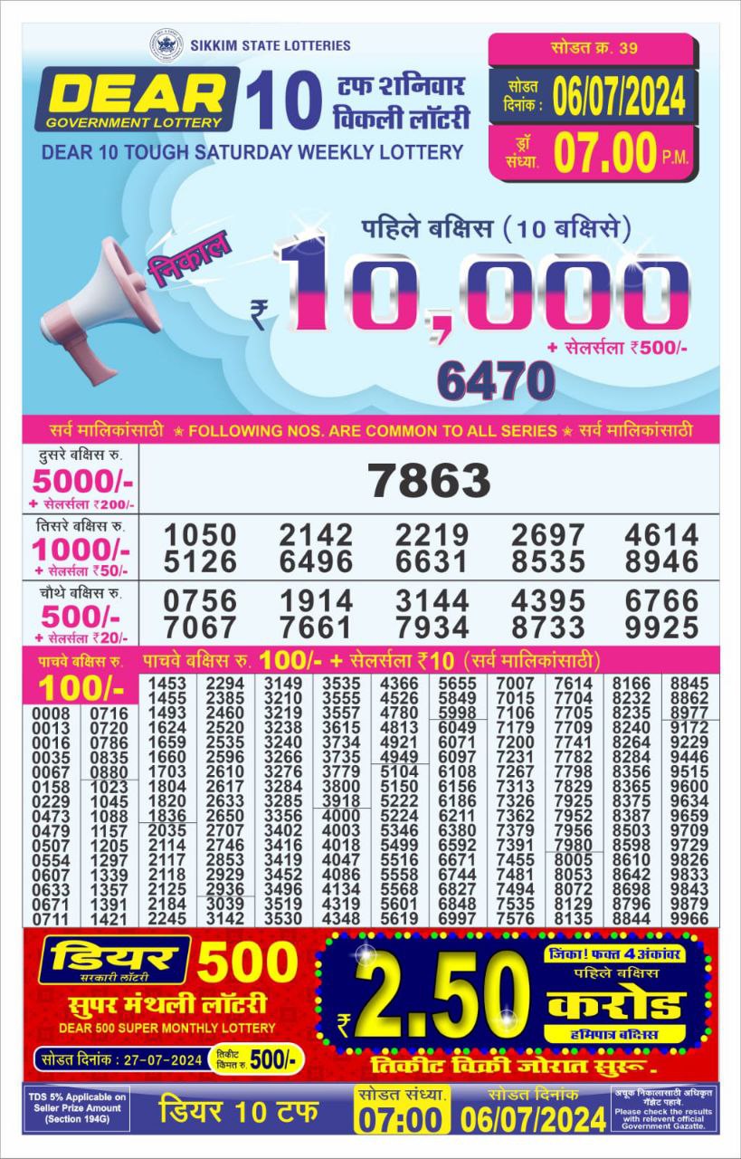 Dear10 Lottery Result 7PM 6/07/24