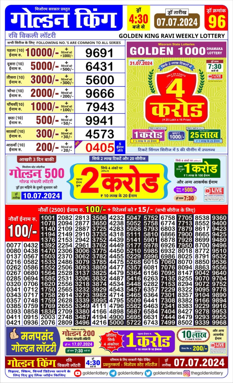 Golden king lottery 4.30pm 7-7-24