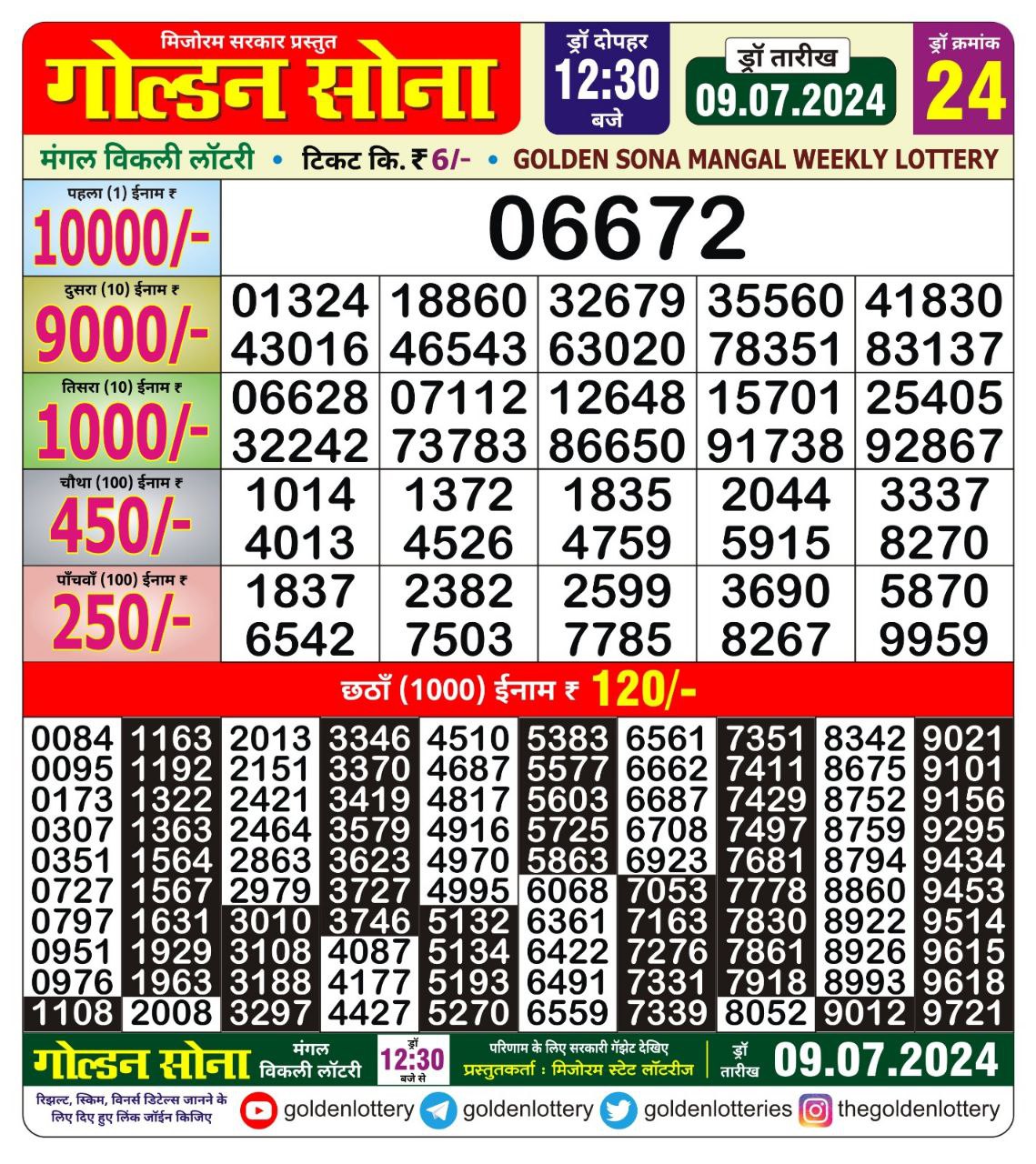 Golden sona 12:30pm lottery result 9/07/24