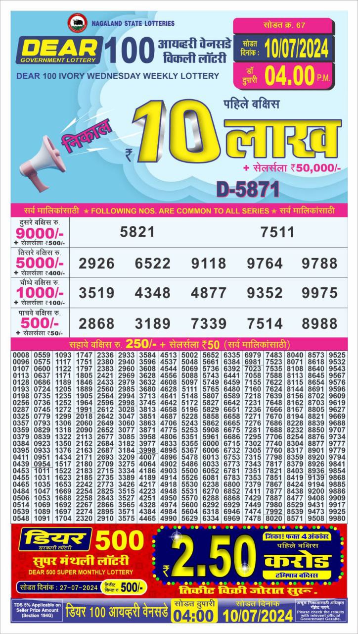 Dear 100  lottery 4pm result 10.7.24