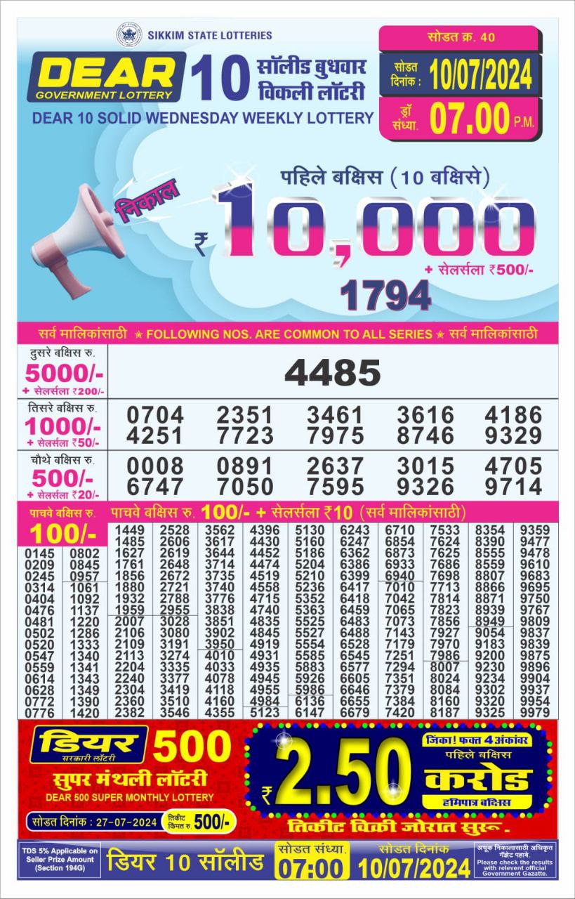 Dear10 Lottery Result 7PM 10/07/24