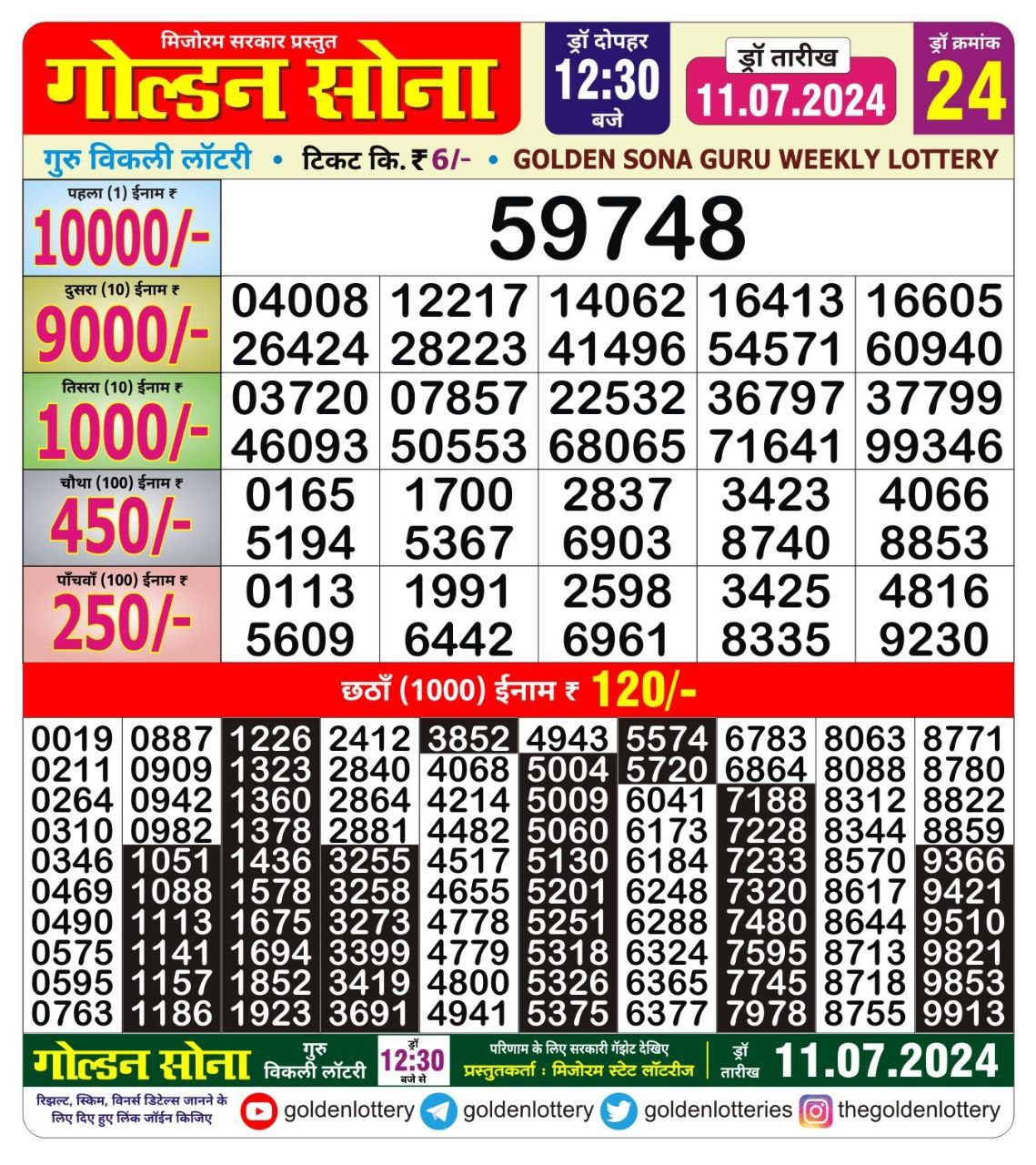 Golden sona 12:30pm lottery result 11/07/24