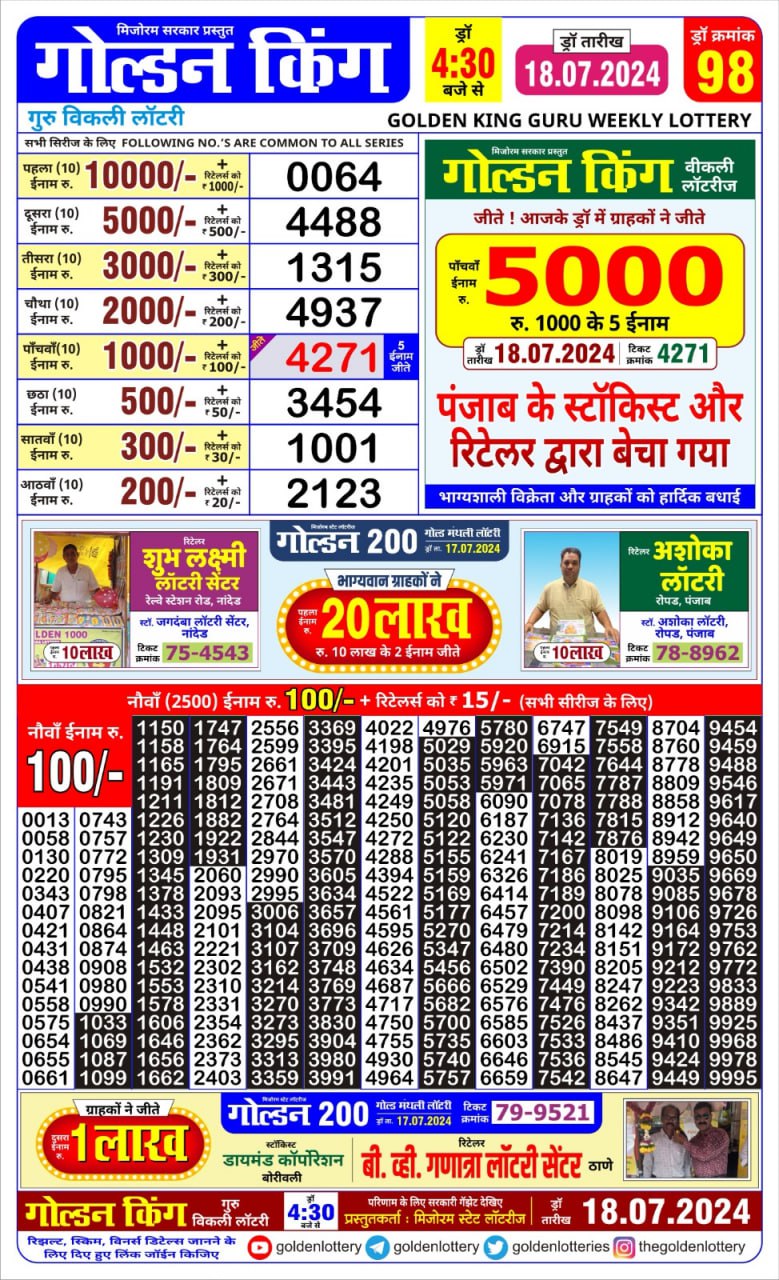 Golden king lottery 4.30pm 18-7-24