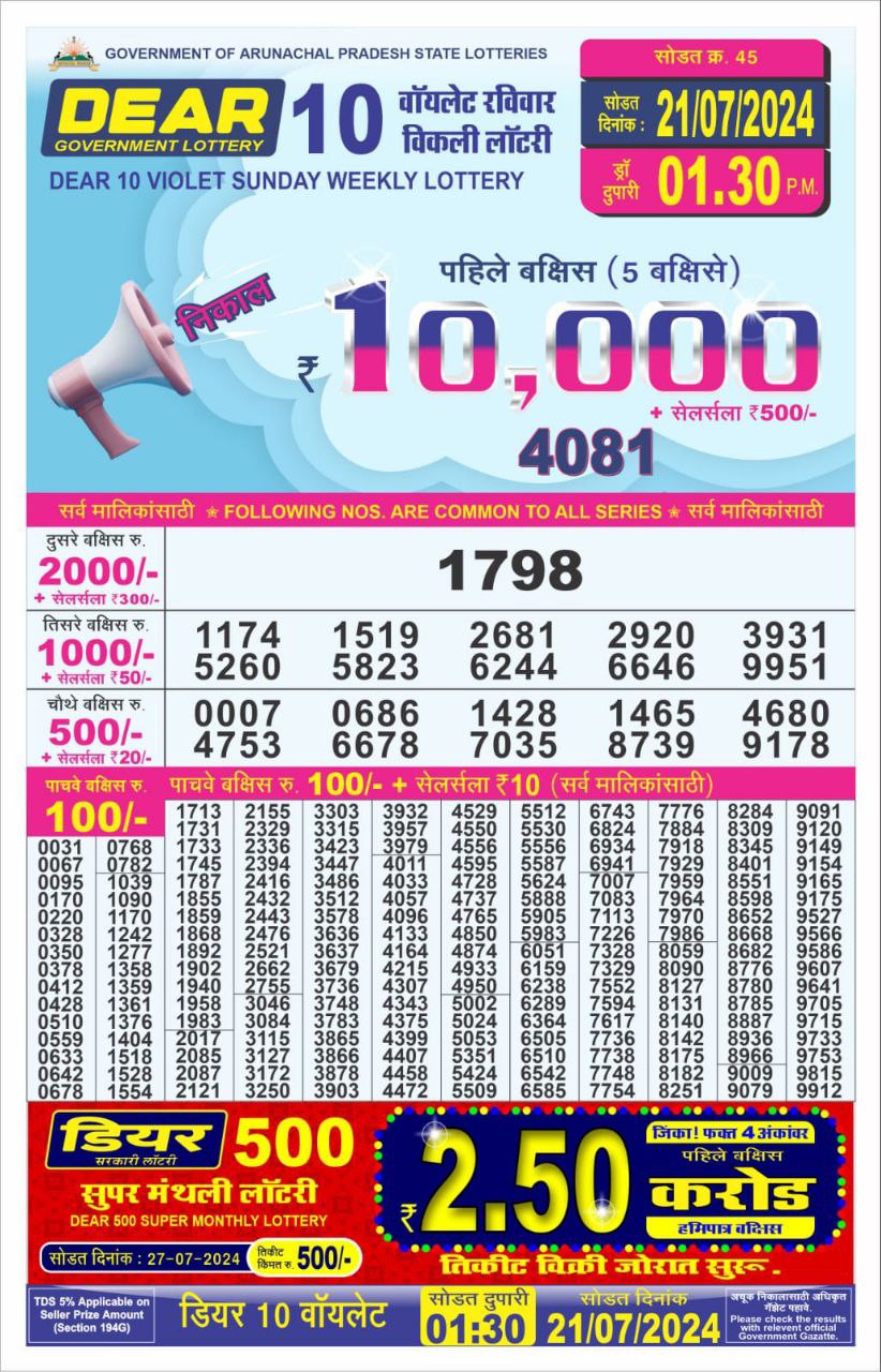 Dear 10  lottery 1:30pm result 21/7/24