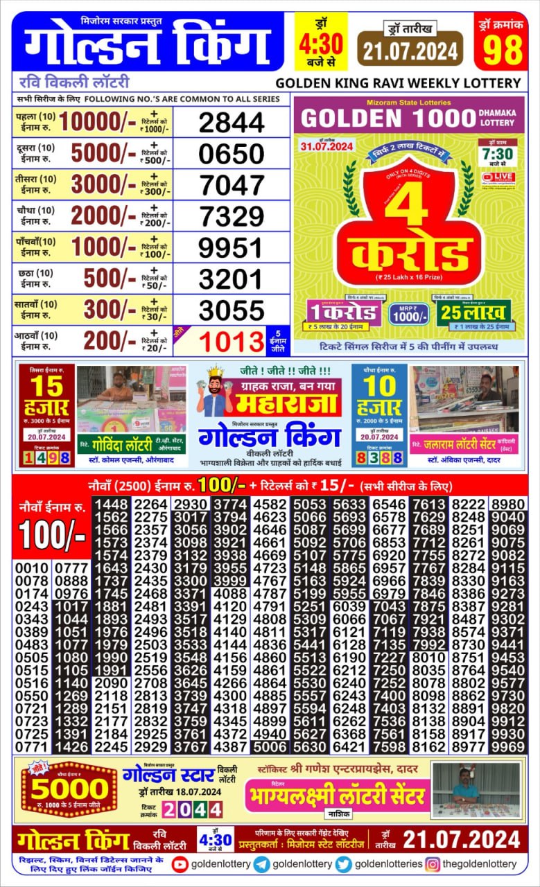 Golden king lottery 4.30pm 21-7-24