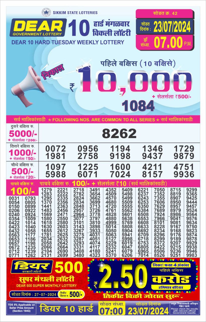 Dear10 Lottery Result 7PM 23.07.24