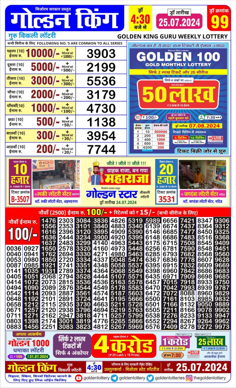 Golden king lottery 4.30pm 25-7-24