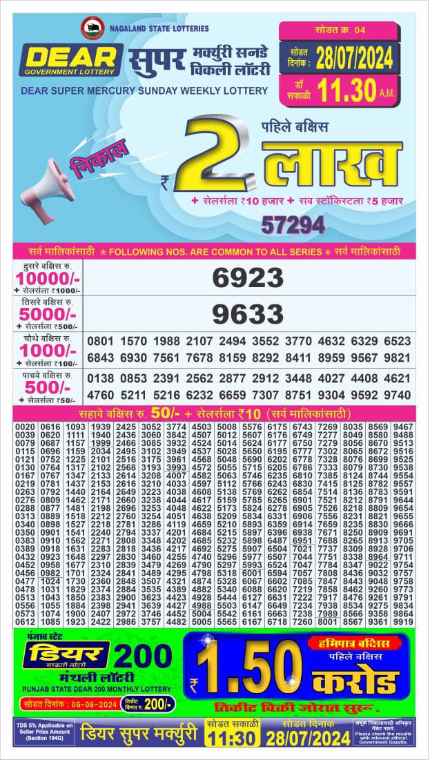 Dear super lottery result 28 july24