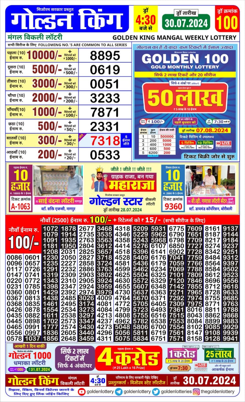 Golden king lottery 4.30pm 30-7-24