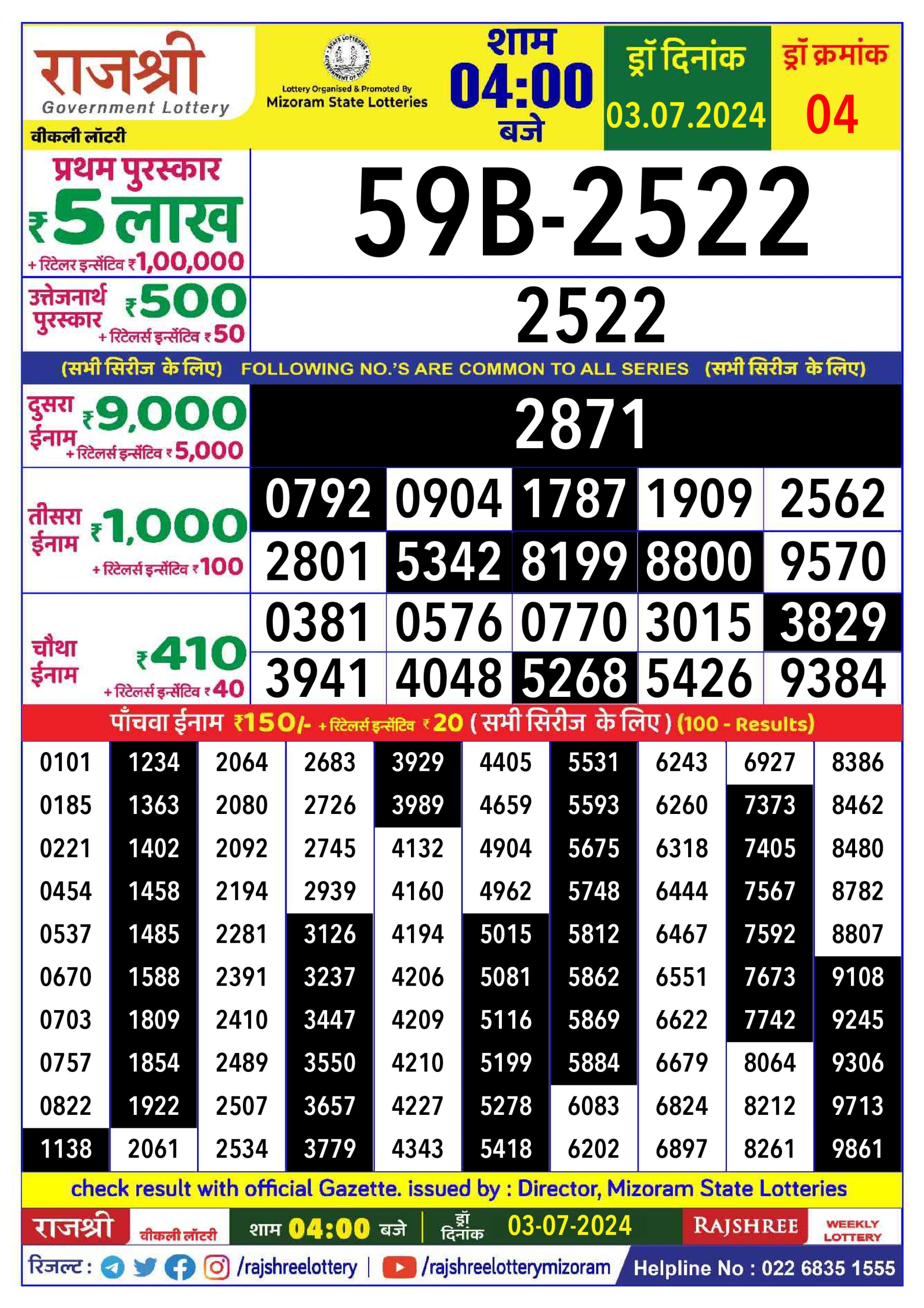 Rajshree  Daily Lottery 4PM Result 3 july 24