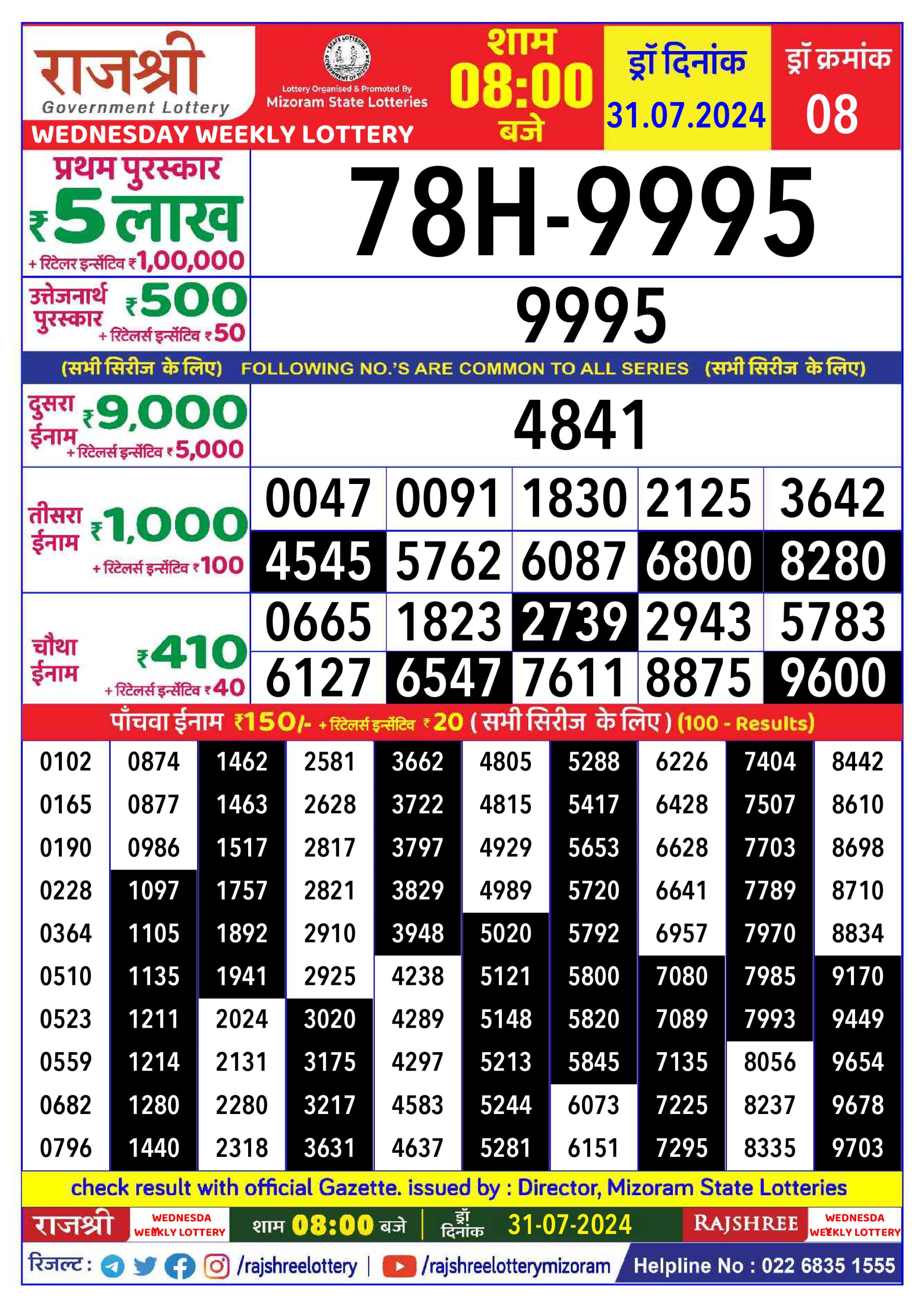 Rajshree  Daily Lottery 8PM Result 31july 24