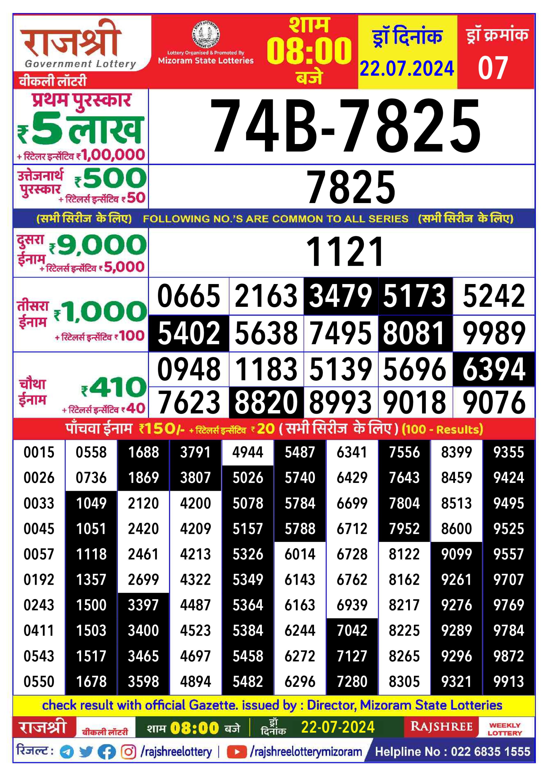 Rajshree  Daily Lottery 8PM Result 22july 24