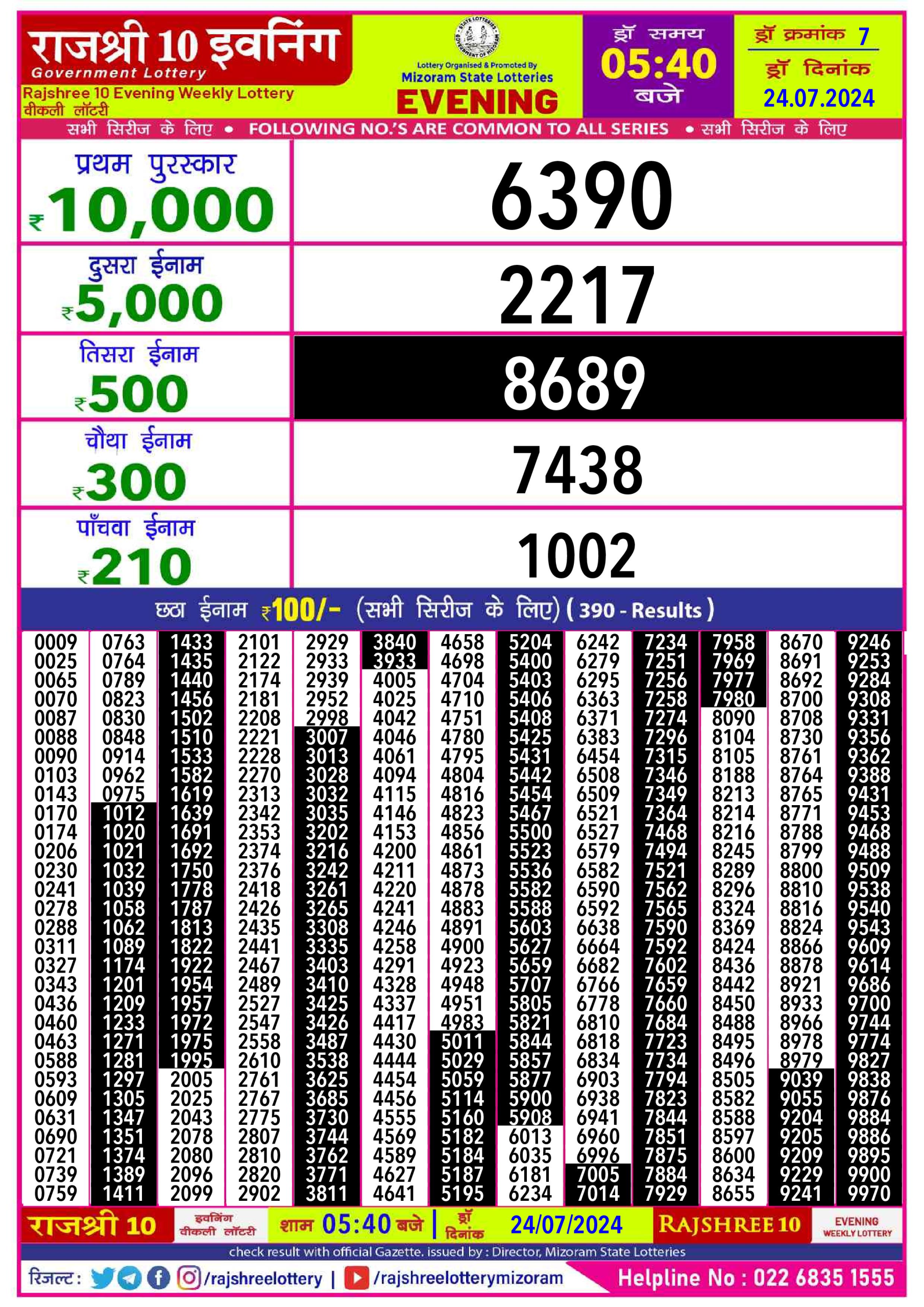 Rajshree10 Daily Lottery 5:40PM Result 24july 24