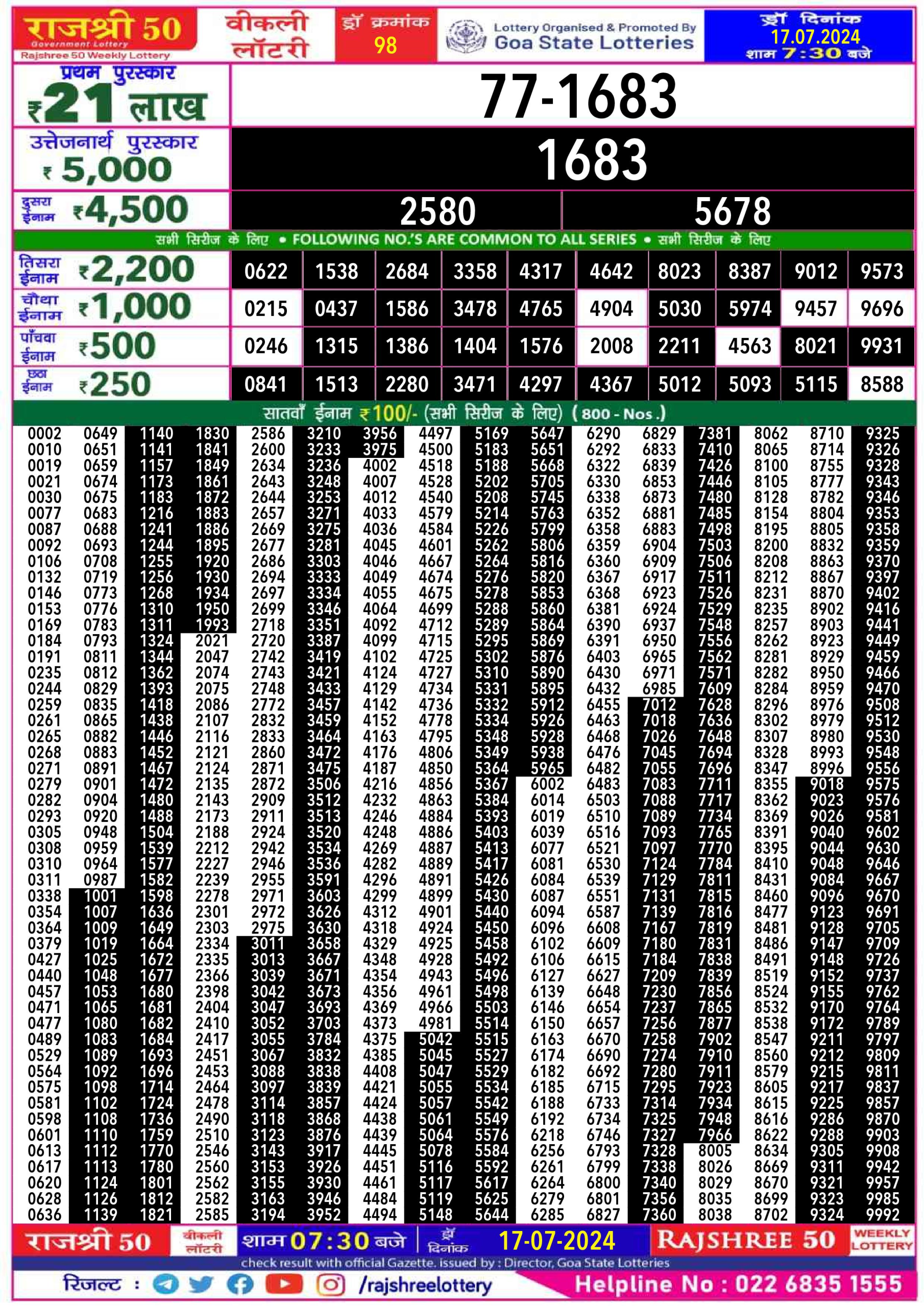 Rajshree 50 Lottery Result 7:30PM 17/07/24