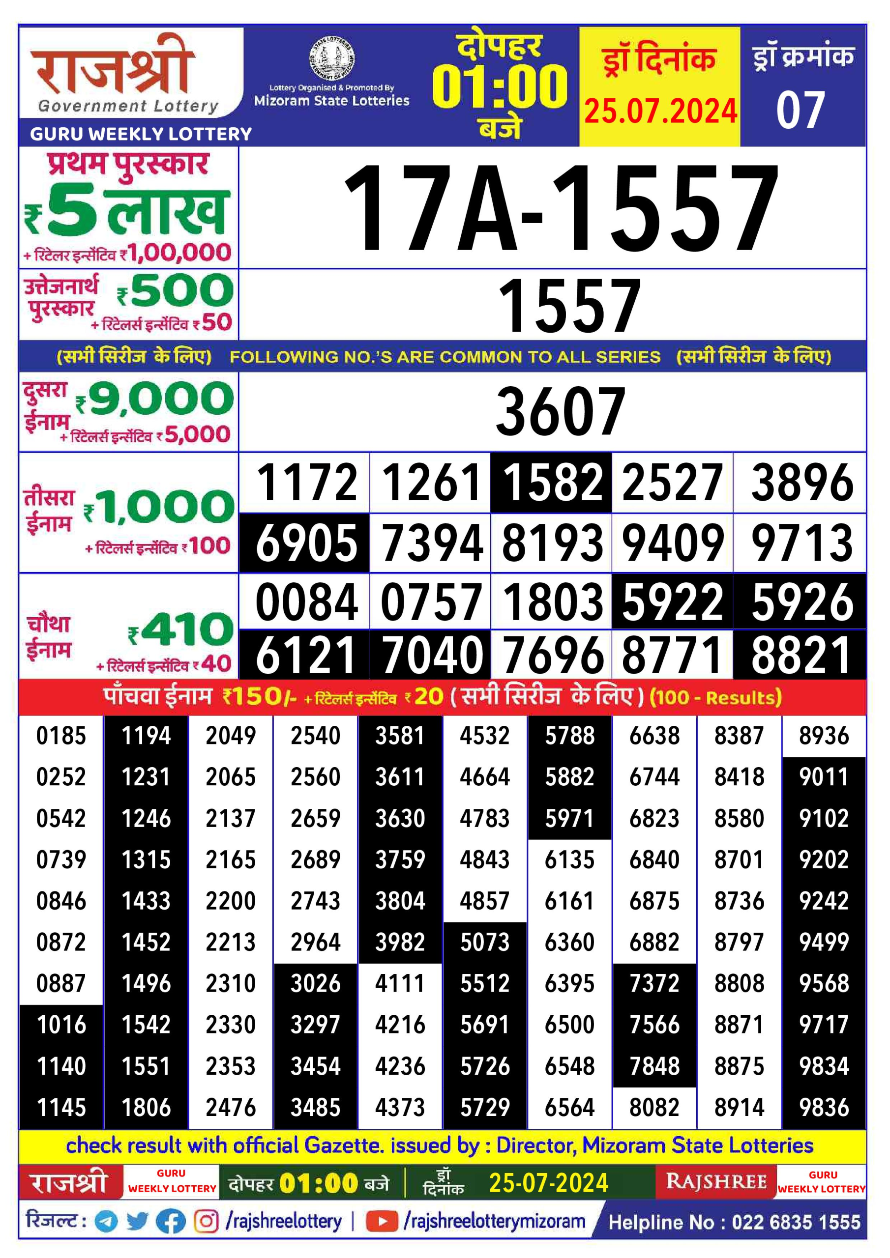 Rajshree  Daily Lottery 1PM Result 25july 24