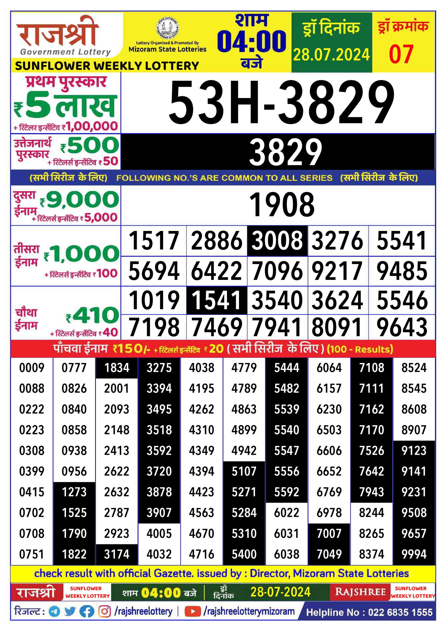 Rajshree  Daily Lottery 4PM Result 28july 24