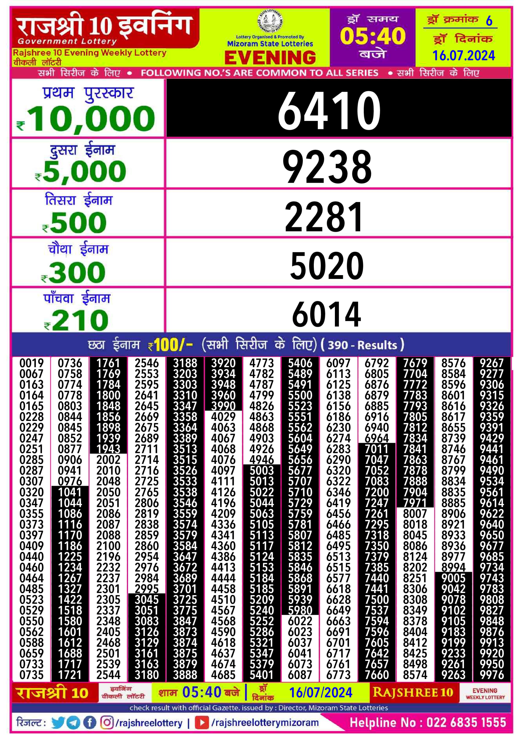 Rajshree10 Daily Lottery 5:40PM Result 16july 24