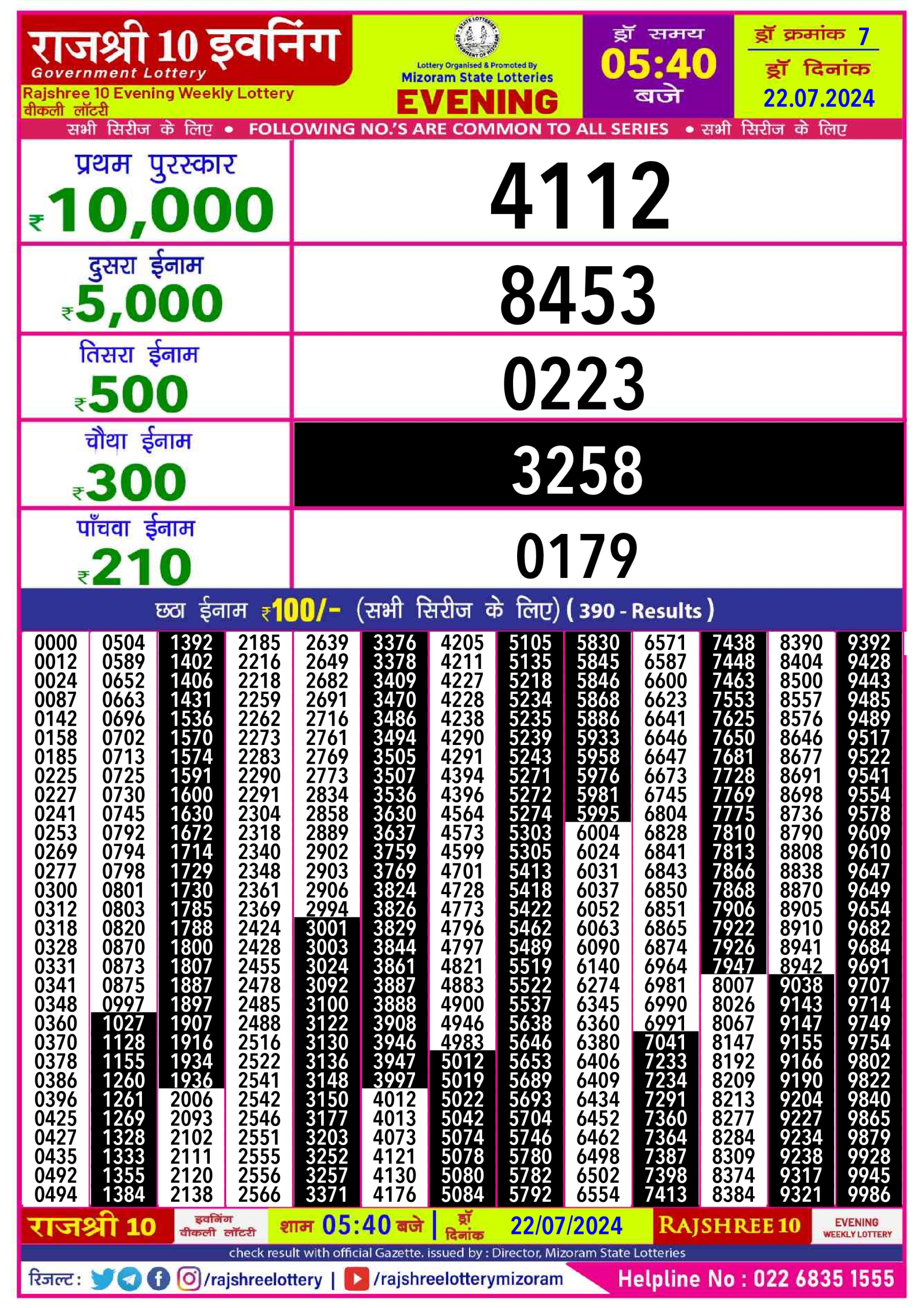 Rajshree10 Daily Lottery 5:40PM Result 22july 24