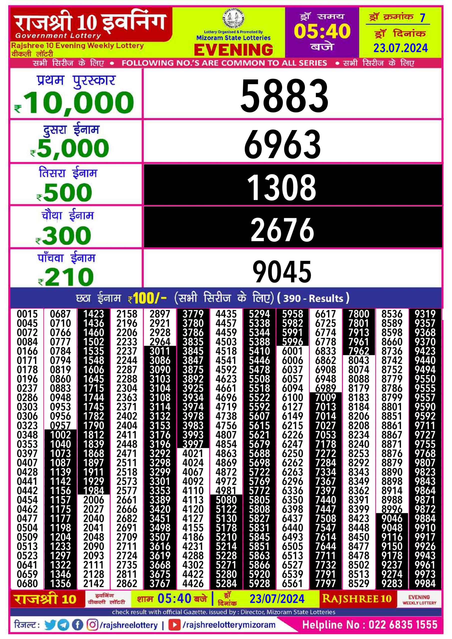 Rajshree10 Daily Lottery 5:40PM Result 23july 24