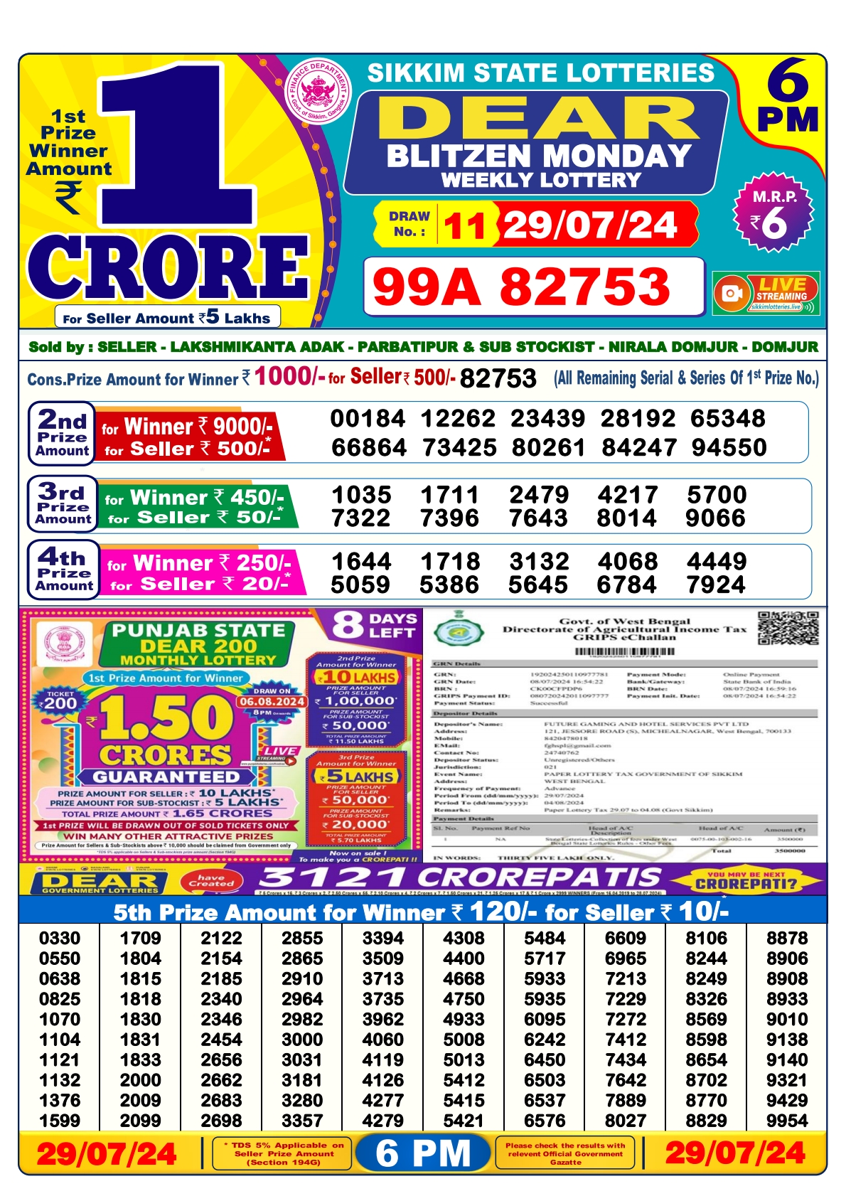 Dear lottery result 6pm result 29july 24