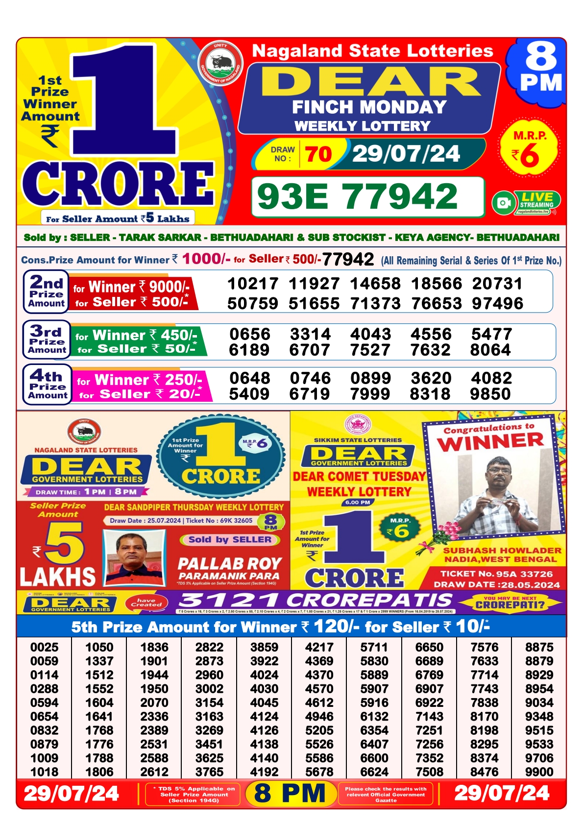 Dear  Lottery 8PM Result 29july 24