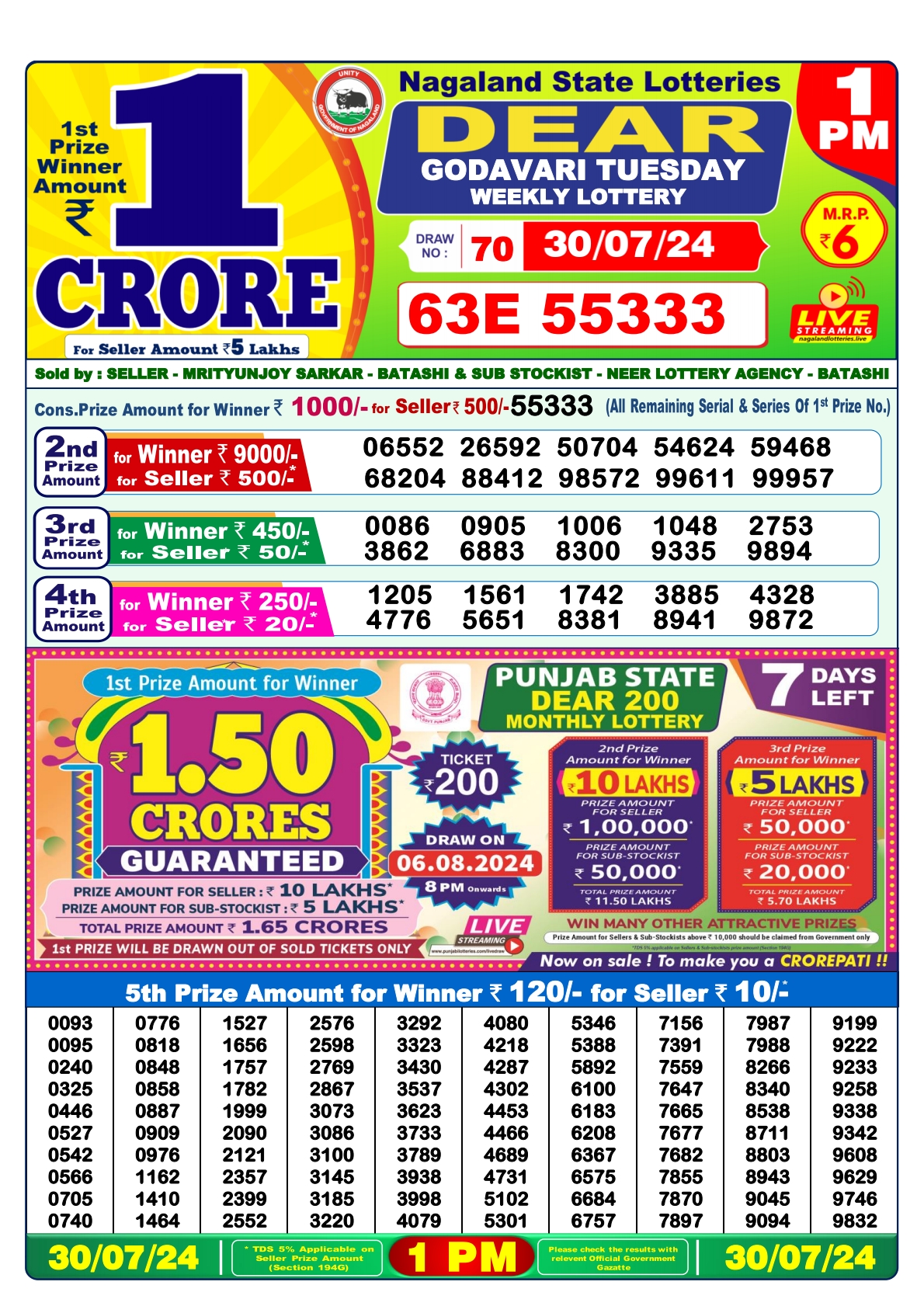 Dear  Lottery 1PM Result 30 july 24